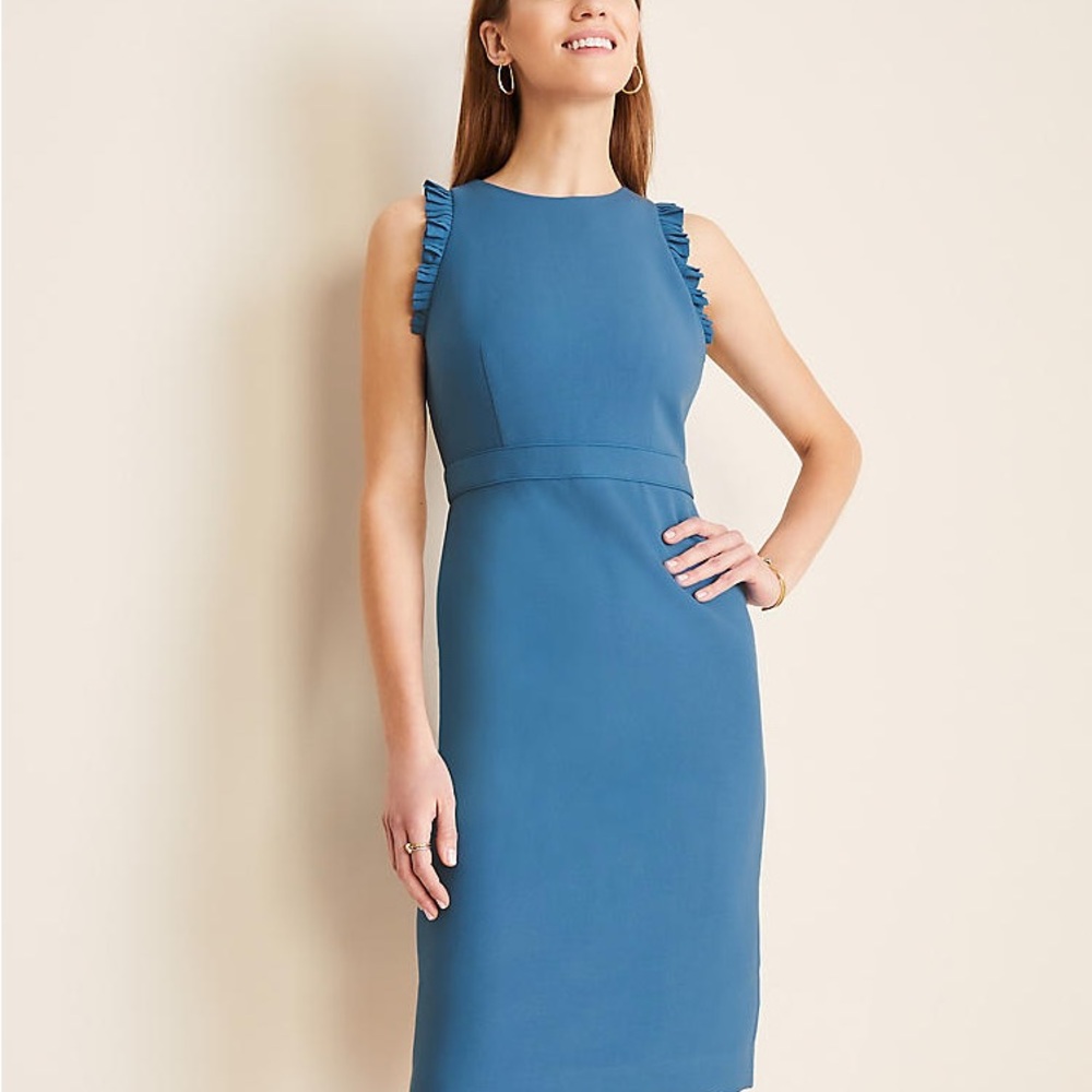 Ann Taylor Blue Midi Sheath Dress with Flutter Sleeves for Work